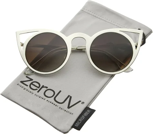 Vista 28 de zeroUV Gafas de sol redondas de metal recortadas con lente de espejo de ojo de gato para mujer