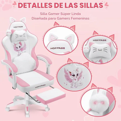 Vista 4 de HOFFREE Silla Rosa para Juegos con Orejas de Gato y Almohada Lumbar de Masaje en Forma de Nube, Silla Ergonómica Linda para Computadora para Niñas