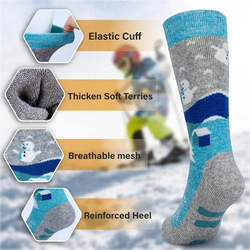 Vista 5 de Hylaea Calcetines de esquí de lana merino para niños, calcetines térmicos cálidos hasta la rodilla para patinaje de snowboard para niños y niñas
