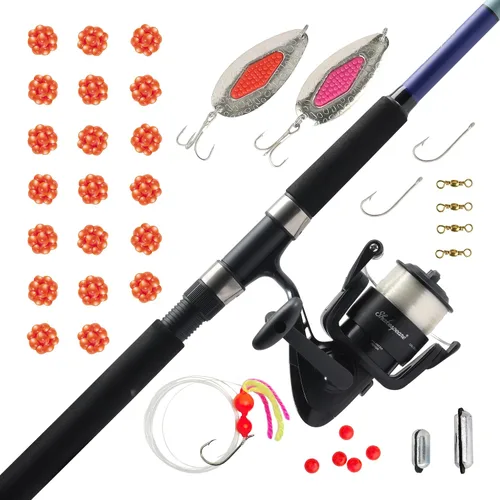 Vista 23 de Shakespeare Catch More Fish Spinning Reel and Fishing Rod Combo with Kit rojo - mediano
