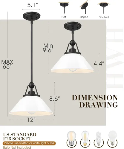 Vista 4 de HWH - Lámpara colgante blanca, moderna lámpara de isla de cocina de 12 pulgadas, iluminación colgante de 1 luz para comedor, escuela, metal negro