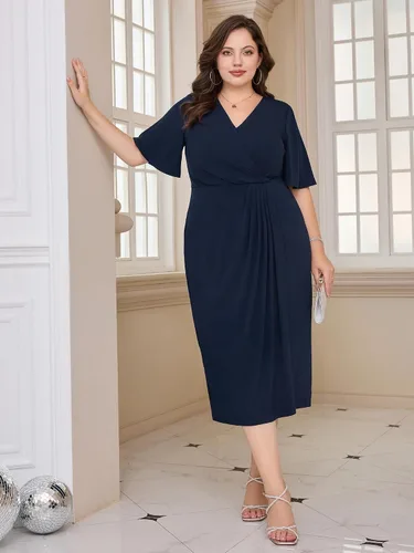Vista 2 de Hanna Nikole Vestido midi de manga corta con cuello en V para mujer, talla grande, para invitadas de boda, cóctel, fiesta, eventos de negocios
