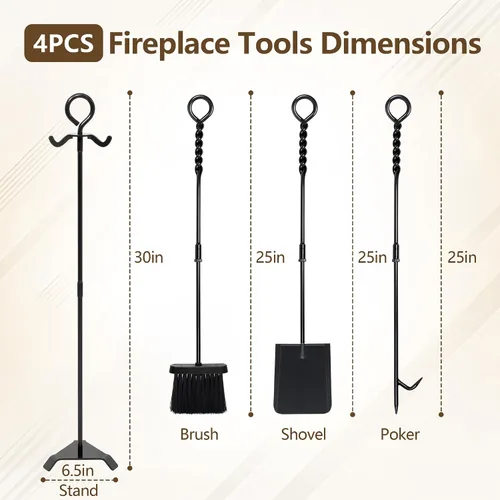 Vista 4 de Juego de herramientas para chimenea de 30 pulgadas, 4 piezas de accesorios de chimenea de acero al manganeso resistente, diseño de cuerda trenzada