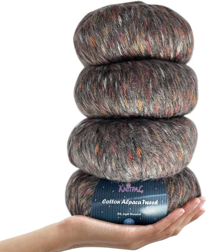 Vista 21 de Hilo de alpaca Tweed de algodón para ganchillo, paquete de 4 (588 yardas/7.05 oz), patrones libres, hilo de tweed para tejer, peso de peinado ligero