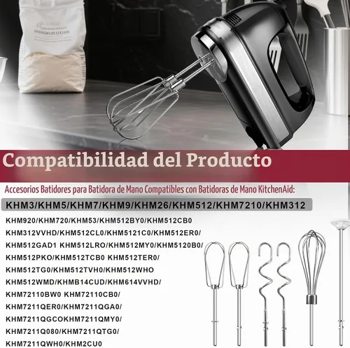 Vista 4 de Accesorios de batidor para batidora de mano para Kitchenaid, batidor, ganchos para amasar y varilla para mezclar líquidos, accesorios de acero