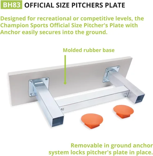 Vista 3 de Champion Sports Anchor Style Pitcher’s Plate with Removable In-Ground Anchor – Baseball/Softball - All Weather Durability - Molded Rubber Base