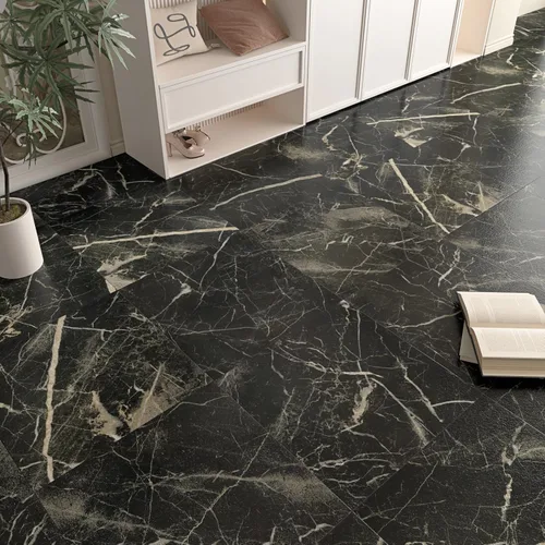 Vista 2 de Azulejos de mármol negro mate para despegar y pegar, láminas de vinilo impermeables para baño, baldosas de mármol negro, 5 unidades autoadhesivas
