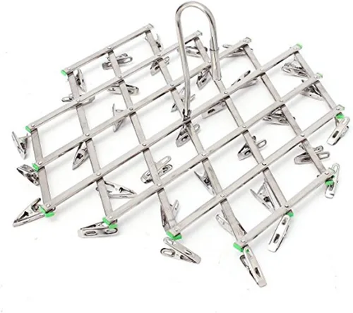 Vista 7 de Percha de secado de ropa de acero inoxidable, gancho plegable portátil multifunción, 35 clips para calcetines, pañales de tela, toalla, ropa