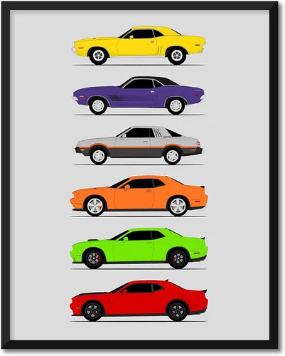 Vista 24 de Custom Car Posters Póster hecho a mano compatible con Dodge Challenger Generations e impresión de Challenger SRT, multicolor, impresión metálica