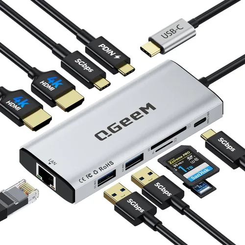 Vista 17 de Hub USB C, estación de acoplamiento para laptop 10 en 1, monitor dual individual 8K y 2x4K @60Hz, adaptador multipuerto tipo C con 2 HDMI, PD100W