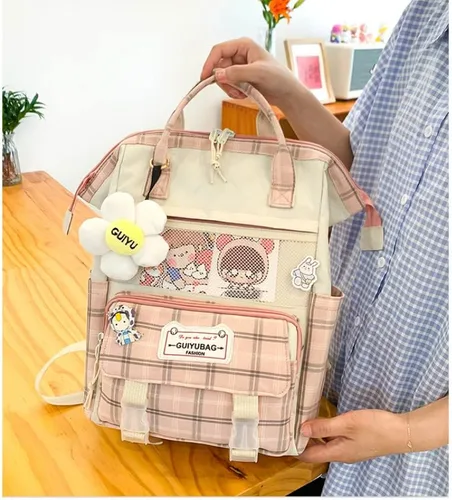 Vista 6 de Mochila japonesa linda para mujer, 5 unidades, diseño a cuadros, diseño de dibujos animados, bolsa de viaje, suministros de regreso a clases, bolsa