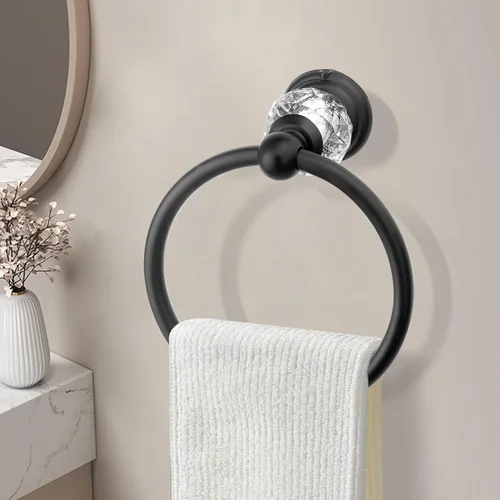 Vista 6 de Anillo de toalla de cristal negro, soporte para toallas de baño, negro mate, soporte para toallas de baño, soporte para toalla de mano para baño