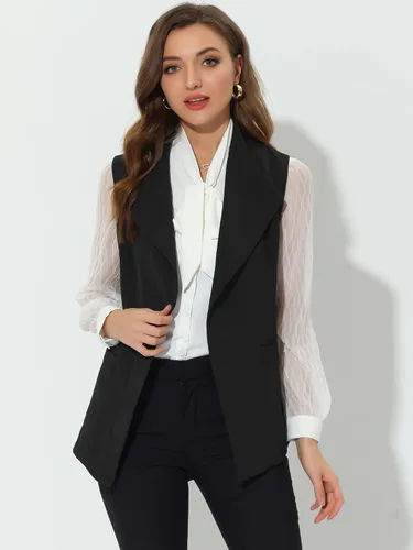 Vista 3 de Allegra K Chaqueta sin mangas para mujer, cuello chal, con cinturón, para trabajo, oficina, chaleco