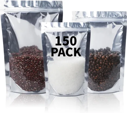 Vista 10 de Paquete de 100 bolsas de Mylar para almacenamiento de alimentos, papel de aluminio resellable, bolsa transparente de pie con ventana frontal de 3.94