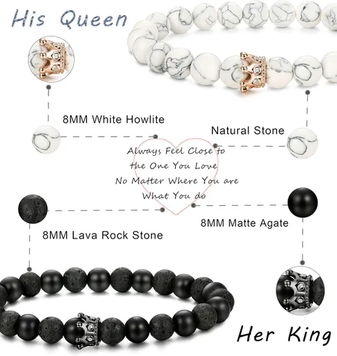Vista 3 de FIBO STEEL Juego de 4 pulseras para parejas para hombres y mujeres, para él y ella, con corona, reina, pulseras de cuentas de 0.315 in, Acero