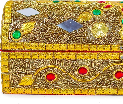 Vista 4 de Nagina International - Caja de almacenamiento y organizador de joyas para novia, portátil, para guardar anillos, collares, brazaletes, Madera, Dorado