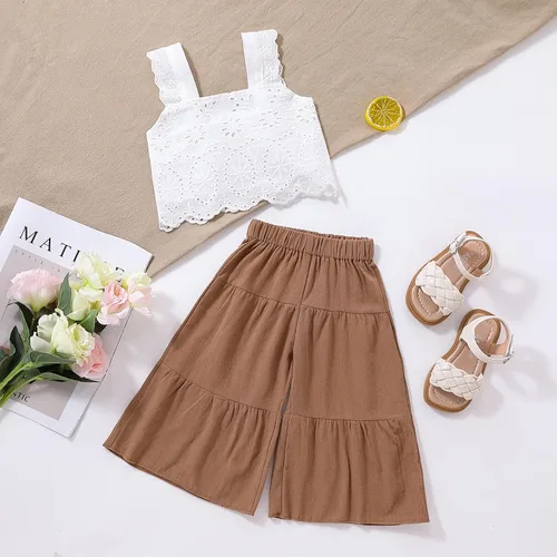 Vista 9 de mlpeerw Conjunto de ropa de verano para niñas pequeñas, sin mangas, chaleco superior + pantalones largos rectos, 2 piezas, 1-6 años, Encaje