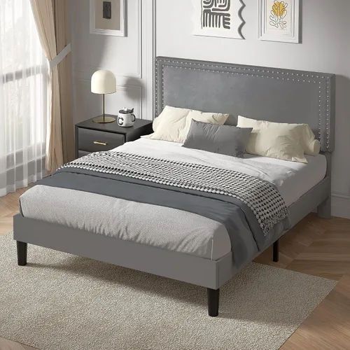 Vista 140 de VECELO Base de cama de plataforma de tamaño individual con cabecera tapizada de altura ajustable, base de colchón moderna, soporte de listones