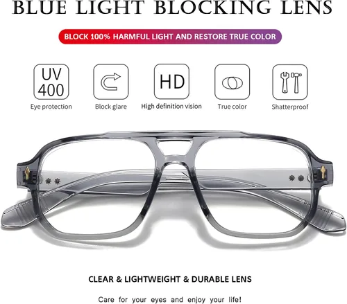 Vista 4 de PORADAY Gafas de Bloqueo de Luz Azul para Mujeres y Hombres Estilo Retro Cuadrado de los Años 70 Gafas de Aviador Gafas Rectangulares para gris