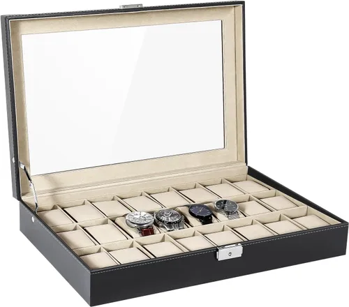 Vista 16 de Uten 12-Slot Watch Box, 2-Layers PU Leather Watch Case with Lock Negro