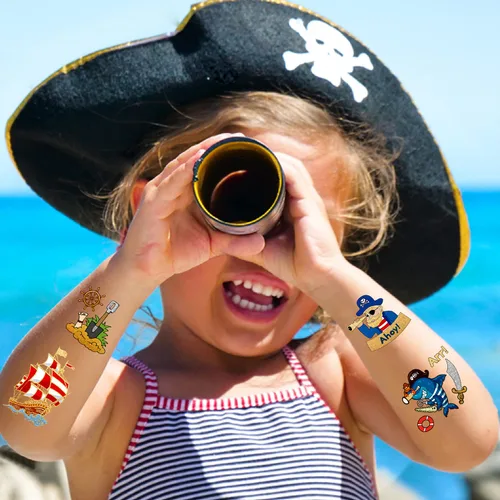 Vista 5 de PARTYWIND 34 estilos de suministros de fiesta de cumpleaños pirata, brillantes y brillantes metálicos piratas temporales para decoración de fiesta
