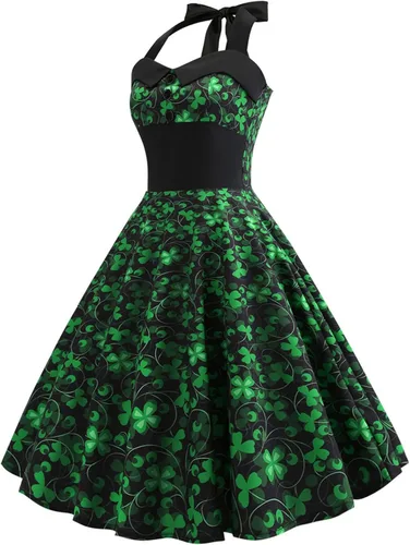 Vista 4 de Vestido vintage de los años 1950 para mujer, vestido retro de cóctel, vestido con vuelo y cintura elástica con estampado de trébol de cuatro hojas