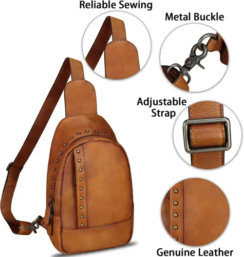Vista 6 de IVTG Bolso bandolera de cuero genuino para mujer, mochila bandolera para el pecho, hombro, senderismo, vintage, hecho a mano, casual, bolso cruzado