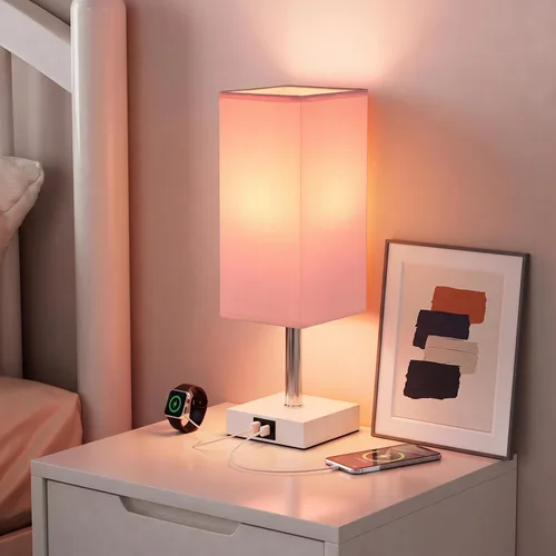 Vista 5 de Juego de 2 lámparas de mesa táctiles para dormitorio, regulables, USB C+A Rosa y blanco (2 piezas)