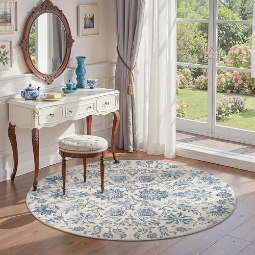 Vista 30 de jinchan Lima - Alfombra simétrica floral geométrica lavable, alfombra de entrada de medio círculo de 2 x 3, alfombra de media luna, suave y Azul