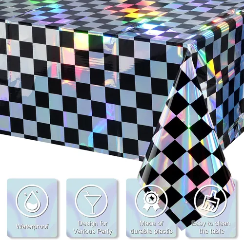 Vista 3 de Paquete de 1 mantel de plástico a cuadros negros e iridiscentes, manteles rectangulares desechables con láser, mantel de papel de aluminio