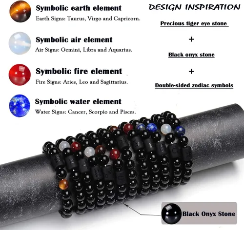Vista 5 de VLINRAS - Pulsera de signo del zodiaco, para hombre y mujer, de 0.315 y 0.394 pulgadas, ónice negro natural, signo de estrella, constelación