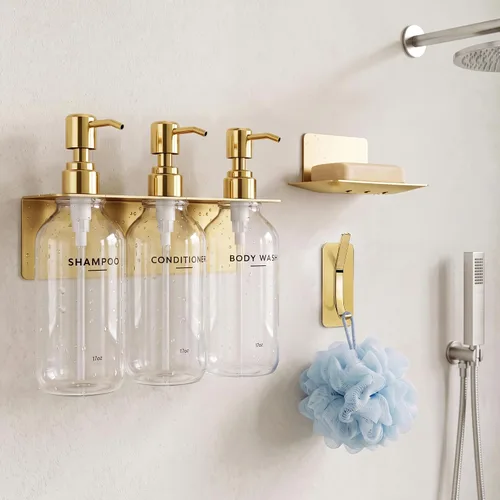 Vista 4 de Shampoo and Conditioner Dispenser - Shower Soap Dispenser Wall Mounted Bathroom Stainless Pump-transparent