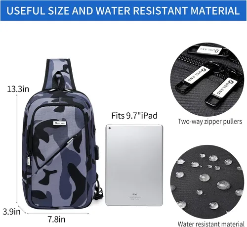 Vista 47 de DUSLANG Mochila de hombro para senderismo, bolsa cruzada para hombres, bolsas de pecho con puerto de cargador USB para campamento casual, ciclismo