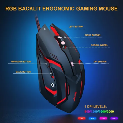 Vista 6 de BlueFinger Combo de teclado y mouse mecánicos para juegos 60% – Teclado RGB con retroiluminación arcoíris de 61 teclas con interruptor rojo y 4 DPI