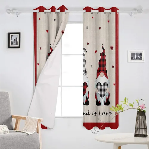 Vista 3 de Juego de 2 paneles de cortinas opacas de 39 pulgadas de largo, para el día de San Valentín, gnomos de búfalo a cuadros, cortinas para oscurecer
