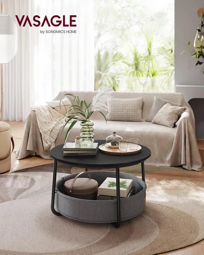 Vista 2 de VASAGLE Colección LILEA - Mesa de centro con almacenamiento, mesa redonda para sala de estar con cesta de tela, estilo moderno, marco de metal