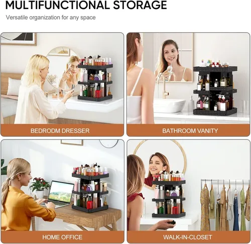 Vista 6 de Organizador de maquillaje giratorio de 360º – Almacenamiento de maquillaje acrílico negro para tocador, organizador de cosméticos con loción