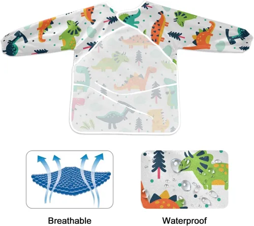Vista 2 de STAYTOP Lindas batas de dinosaurio para niños, delantales impermeables para pintura de artistas para edades de 2 a 6 años, F
