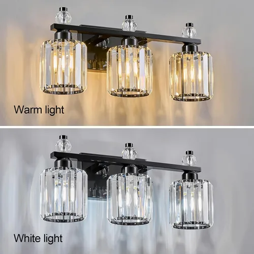 Vista 2 de Luces de Tocador de Baño de 3 Luces, Placado Negro, Modernas Luces de Tocador de Cristal para Baño, Luces de Tocador de Cristal para Usar Sobre