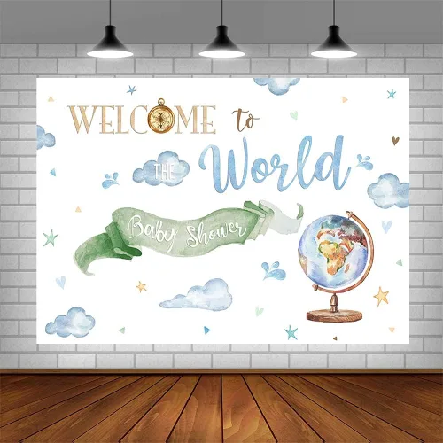 Vista 4 de Fondo de bienvenida al mundo de 7 x 5 pies, tema de aventura mundial, decoración de baby shower, fotografía en acuarela, fondo para sesión de fotos