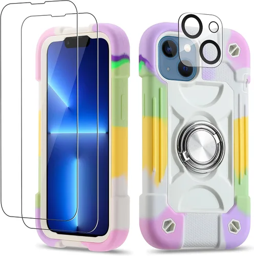 Vista 53 de Funda para iPhone 11 de 6.1 pulgadas con soporte de anillo, con 2 protectores de pantalla de vidrio, resistente a los golpes, resistente a