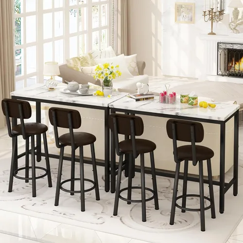 Vista 7 de AWQM Juego de mesa de 47.2 pulgadas de altura de pub para 4, juego de comedor de cocina con 2 mesas de bar y 4 taburetes de piel sintética