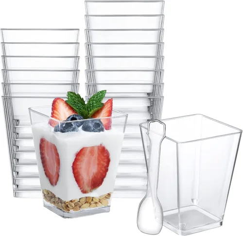 Vista 9 de SHOPDAY Vasos de postre de plástico de 5 oz: paquete de 30 vasos cuadrados transparentes con cucharas, pequeños vasos de parfait, mini vasos