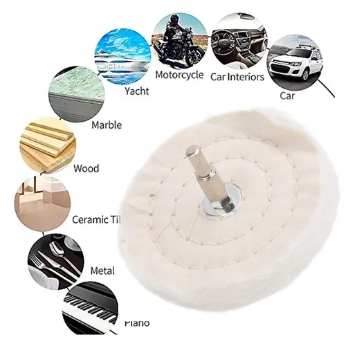 Vista 3 de Kit de rueda de pulido de tela blanca para taladro, herramientas de pulido de espejo de algodón de tipo plano con mango para joyería de metal, acero