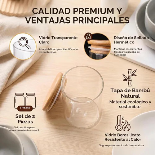 Vista 4 de Paquete de 2 tarros de vidrio transparente de 11.8 fl oz de 12 onzas con tapas herméticas de bambú, recipientes de vidrio herméticos dispensadores