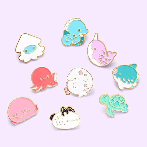 Vista 6 de Juego de pines de solapa esmaltados de dibujos animados con diseño de animales marinos, insignias, ballenatortuga marinapulpohipocampopez