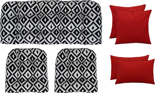 Vista 6 de RSH DECOR Juego de 7 piezas de mimbre copetudo para interiores y exteriores, sofá biplaza, cojines cuadrados y lumbares, hecho de telas aztecas
