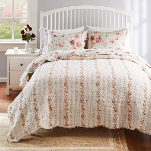 Vista 3 de Greenland Home juegos de edredón con diseño de rosas antiguas de 100% algodón de calidad hereditaria, 2 piezas, tamaño individual/XL, azul