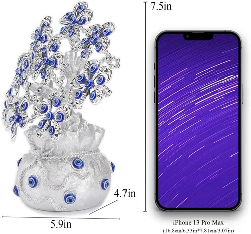 Vista 2 de BRABUD 7.5 '' resina azul malvado ojos estatua plata flores árbol de dinero buena suerte suerte fortuna estatuilla escritorio decoración regalo