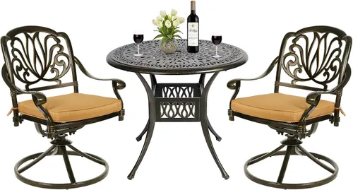 Vista 25 de Juego de comedor de patio al aire libre de 3 piezas, juego de conversación de aluminio fundido para todo tipo de clima con 2 cojines giratorios